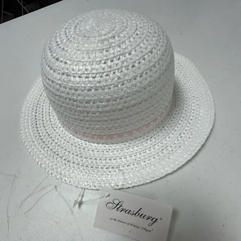 NWT Strasburg White Hat with Pink Ribbon girls Size Small 2-4